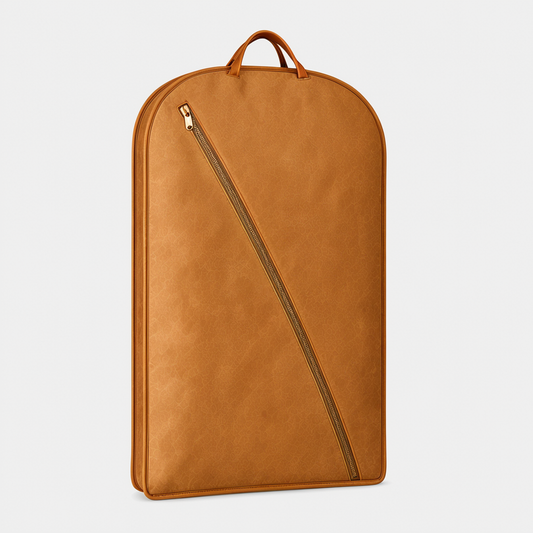 Camel faux leather suit garment bag side view