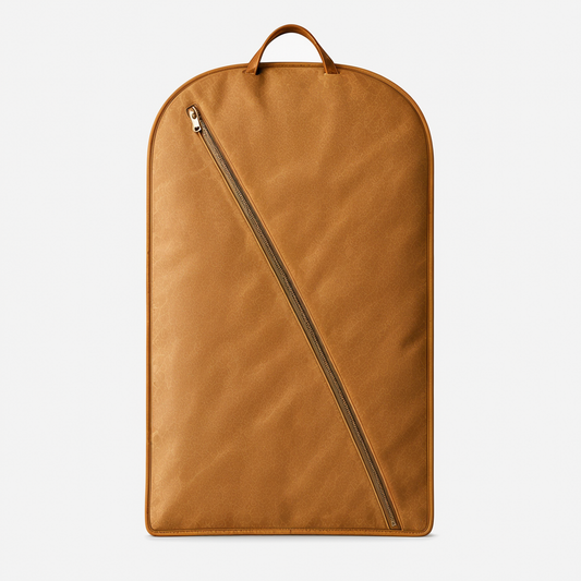 Camel faux leather suit garment bag front view