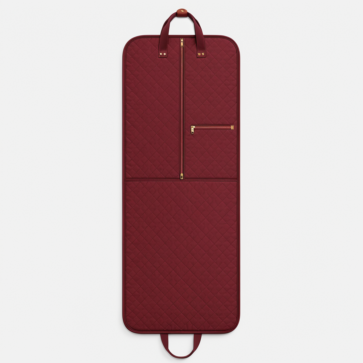 Burgundy quilted suit garment bag unfolded front view