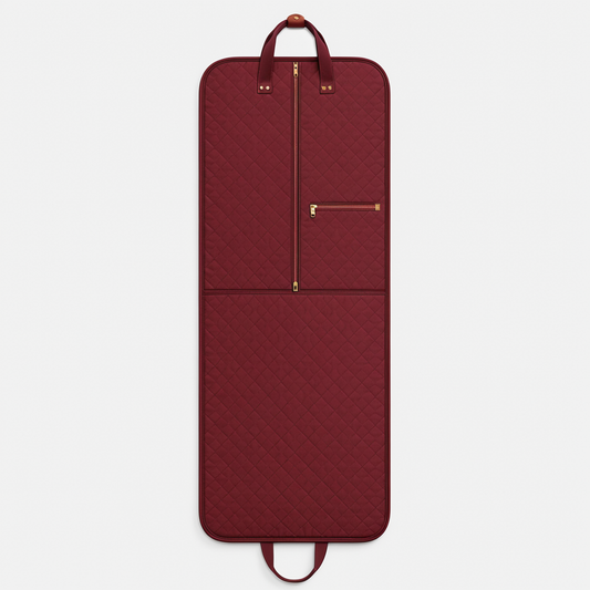 Burgundy quilted suit garment bag unfolded front view