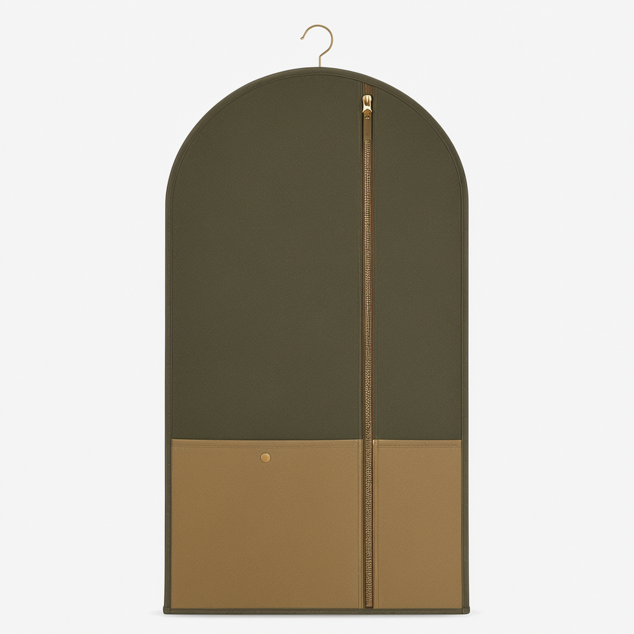 Olive and tan patterned suit garment bag front view
