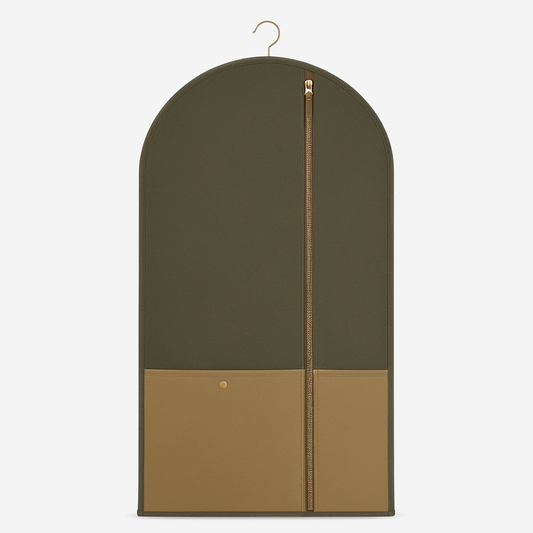 Olive and tan patterned suit garment bag front view