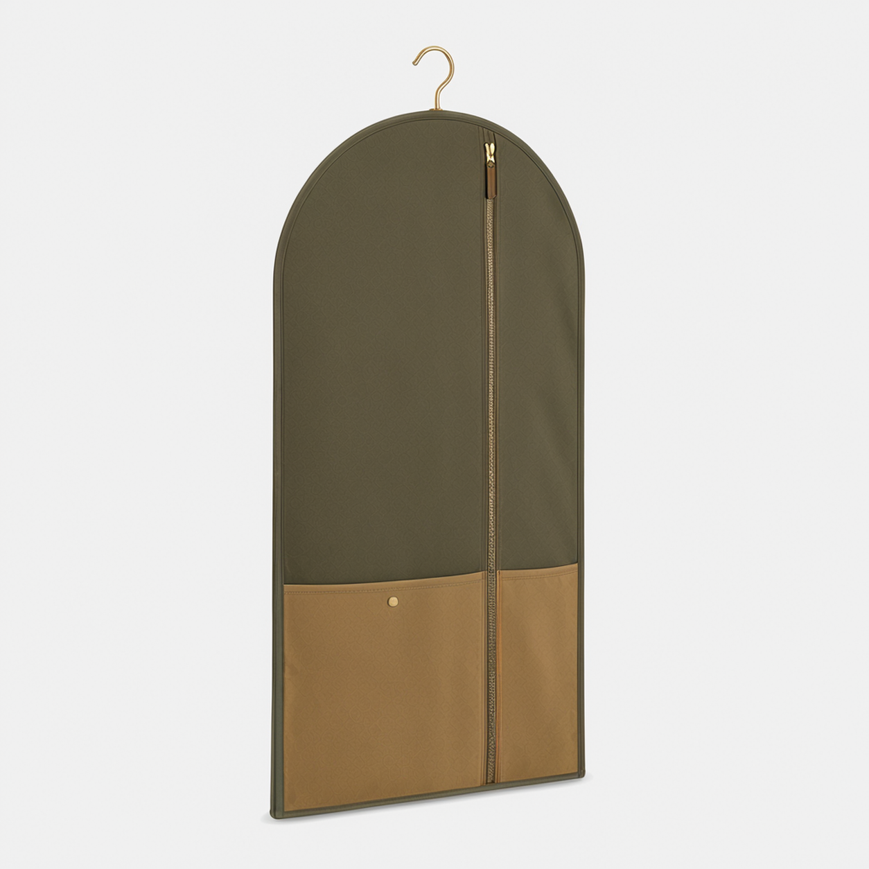 Olive and tan patterned suit garment bag side view