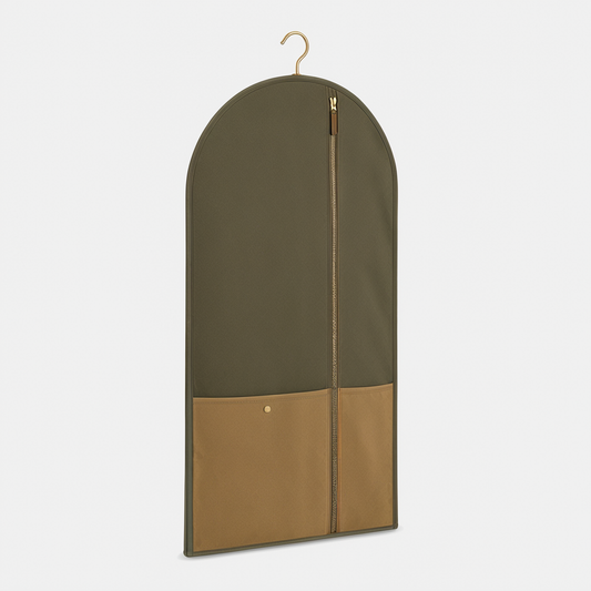 Olive and tan patterned suit garment bag side view