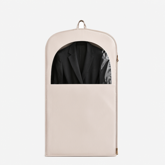 Ivory diamond quilted suit garment bag front view
