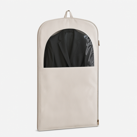 Ivory diamond quilted suit garment bag side view
